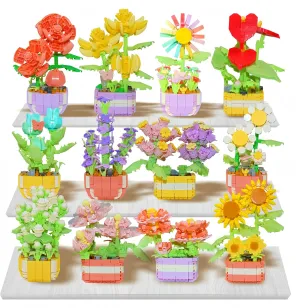Flower Botanical Collection Mini Building Block Set, Plants Office Home Decor Bonsai, Creative Toys Building Project for Adults, Gifts Ideas for Adults Teens (Pack of 12)