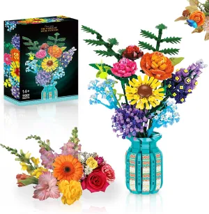 Flowers Bouquet Building Blocks Set with Vase, Roses, Sunflower, Hyacinth, Hydrangea for Adults, Teen Girls, Botanical Collection Home Décor, Office Decor, Gifts for Valentines Birthdays Mother's Day