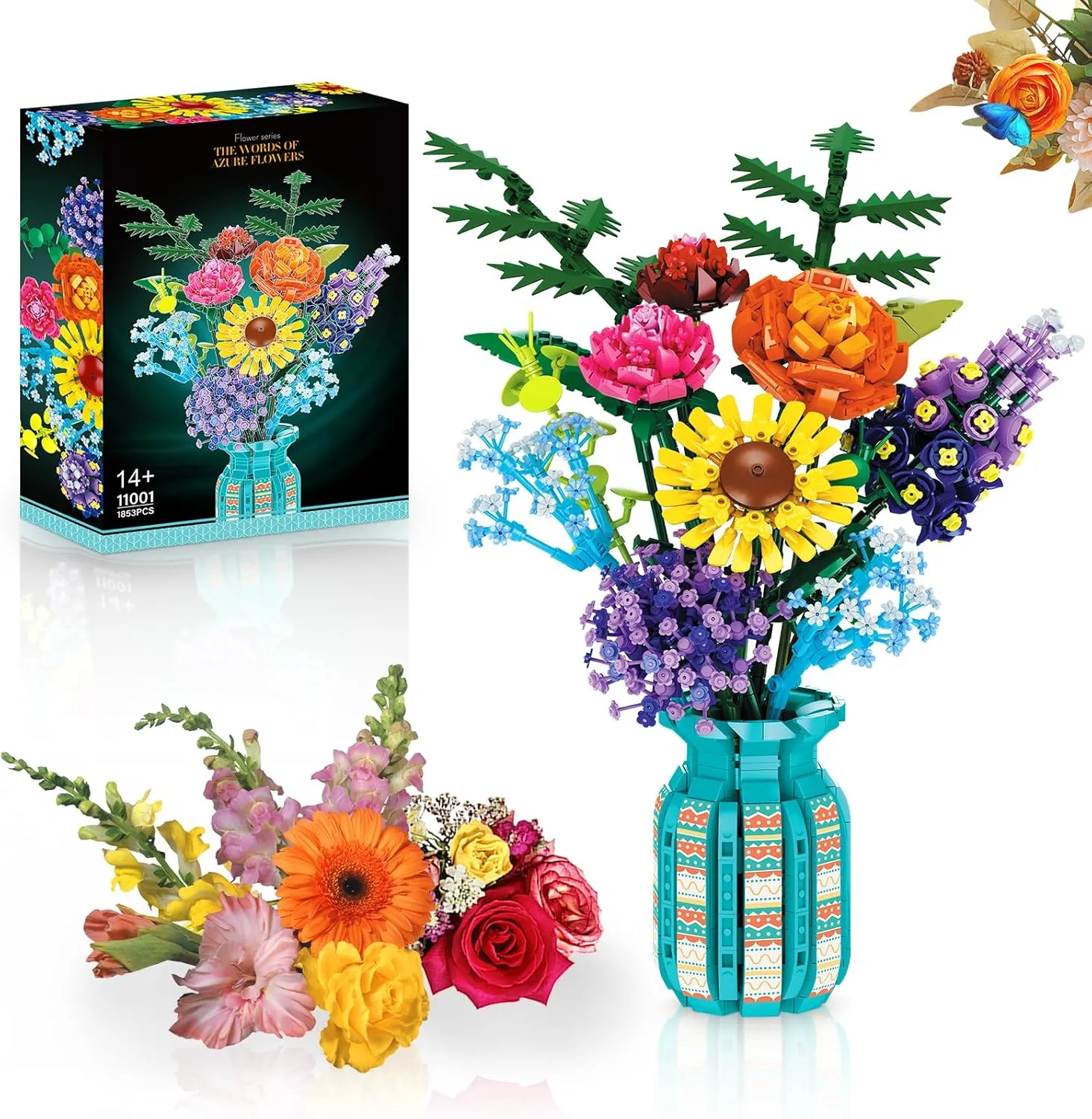 Flowers Bouquet Building Blocks Set with Vase, Roses, Sunflower, Hyacinth, Hydrangea for Adults, Teen Girls, Botanical Collection Home Décor, Office Decor, Gifts for Valentines Birthdays Mother's Day