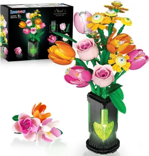 Flowers Bouquet Building Set with Vase & Light, 695 PCS Botanical Collection Building Toy, Tulip Rose Plant Office Home Decor, Mother's Day Birthday Gift for Adults Women Girls 8 