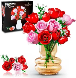 Flowers Bouquet Building Sets with Light - 16 Roses Bouquet Botanical Building Blocks Toy, Artificial Roses Flowers Home Decor Valentine Mother's Day Birthday Gifts for Adults Girls (297PCS)