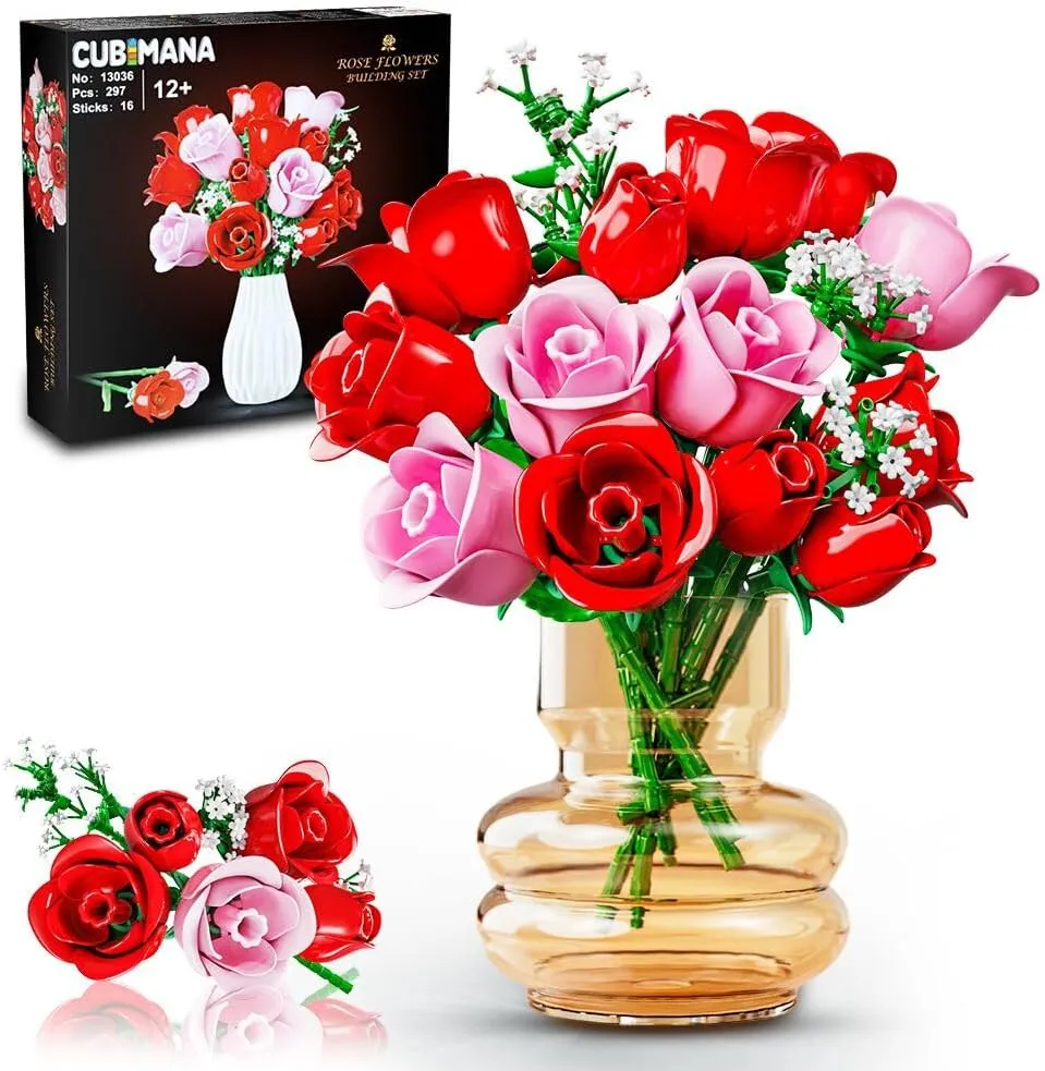 Flowers Bouquet Building Sets with Light - 16 Roses Bouquet Botanical Building Blocks Toy, Artificial Roses Flowers Home Decor Valentine Mother's Day Birthday Gifts for Adults Girls (297PCS)