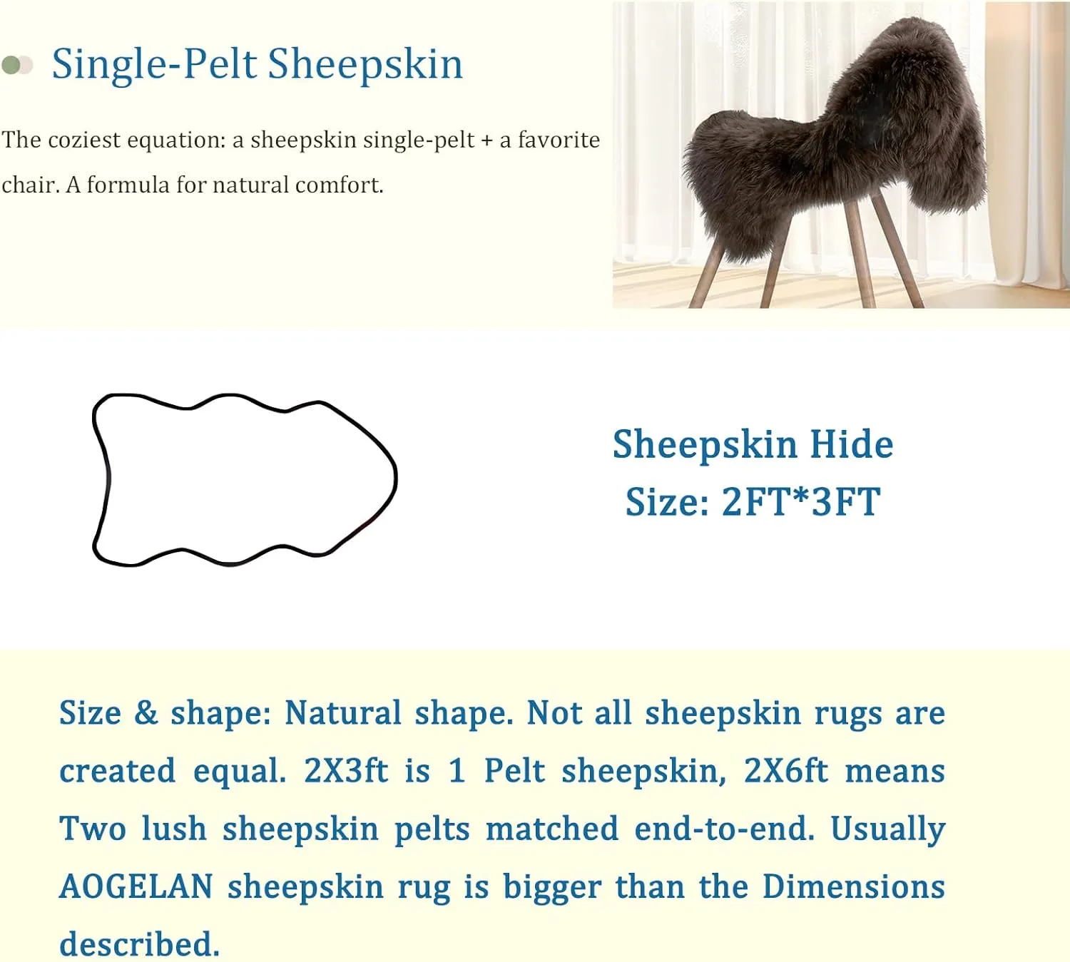 Fluffy Genuine Sheepskin Rug, Brown Premium Soft Bedroom/Living Room Area Rug for Soft Shaggy Fur Pray Pup Carpet Cushion, Chair Sofa Seat Cover, Bedroom Living Room(Mocha, Single Pelt/2FT*3FT)