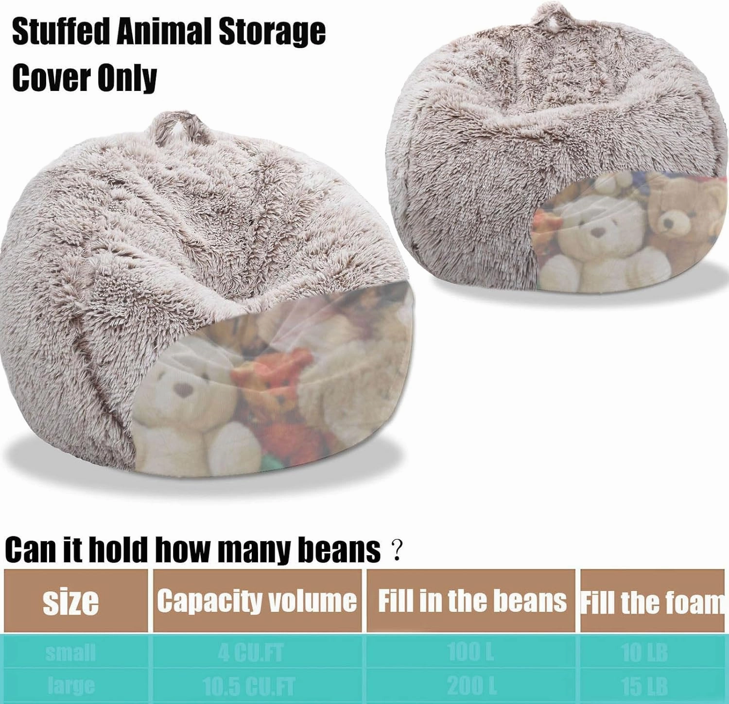 Fluffy Stuffed Animal Storage Bean Bag Chair Cover (No Filler), Faux Fur Comfy Bean Bag Cover for Organizing Plush Toys or Textile, for Adults Teens Kids Girls, Beige