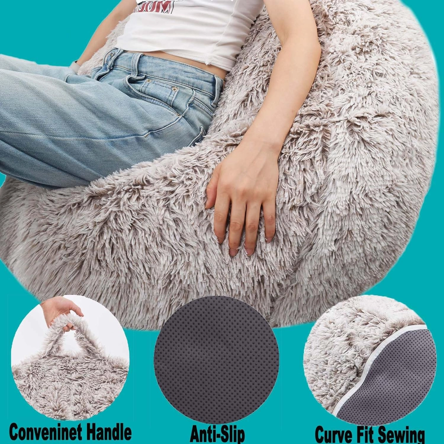 Fluffy Stuffed Animal Storage Bean Bag Chair Cover (No Filler), Faux Fur Comfy Bean Bag Cover for Organizing Plush Toys or Textile, for Adults Teens Kids Girls, Beige