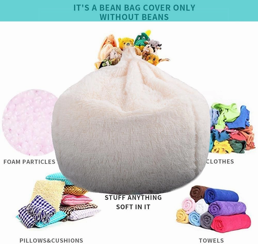 Fluffy Stuffed Animal Storage Bean Bag Chair Cover (No Filler), Faux Fur Comfy Bean Bag Cover for Organizing Plush Toys or Textile, for Adults Teens Kids Girls, Beige