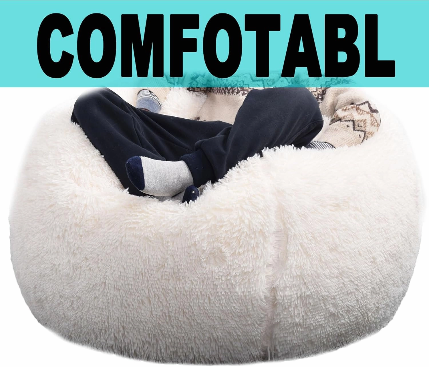 Fluffy Stuffed Animal Storage Bean Bag Chair Cover (No Filler), Faux Fur Comfy Bean Bag Cover for Organizing Plush Toys or Textile, for Adults Teens Kids Girls, Beige
