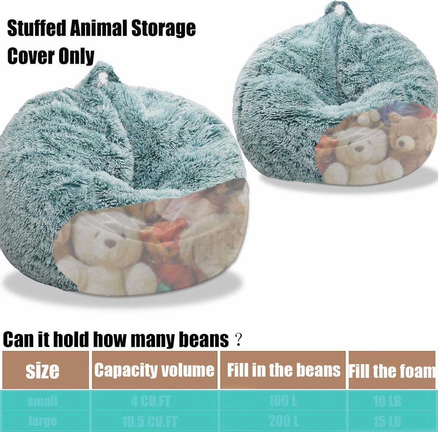 Fluffy Stuffed Animal Storage Bean Bag Chair Cover (No Filler), Faux Fur Comfy Bean Bag Cover for Organizing Plush Toys or Textile, for Adults Teens Kids Girls,Dark Green