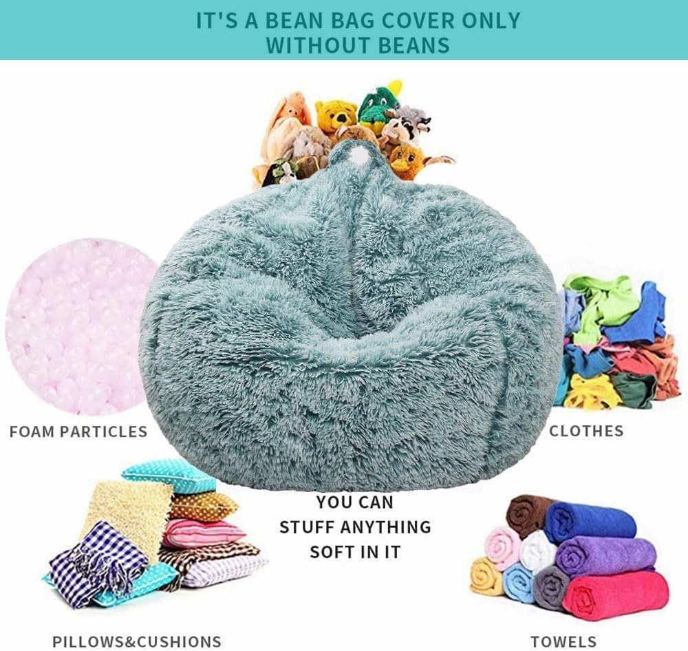 Fluffy Stuffed Animal Storage Bean Bag Chair Cover (No Filler), Faux Fur Comfy Bean Bag Cover for Organizing Plush Toys or Textile, for Adults Teens Kids Girls,Dark Green