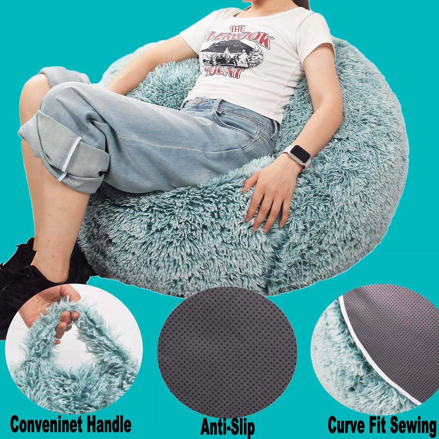 Fluffy Stuffed Animal Storage Bean Bag Chair Cover (No Filler), Faux Fur Comfy Bean Bag Cover for Organizing Plush Toys or Textile, for Adults Teens Kids Girls,Dark Green