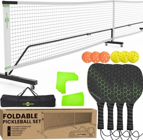 Foldable Pickleball Set with Net – Portable Outdoor Net with Wheels, 4 Paddles, Balls & Markers, Instant Setup, Compact Storage (7.5’), Regulation Size for Driveway & Backyard Games, Easy Relocation