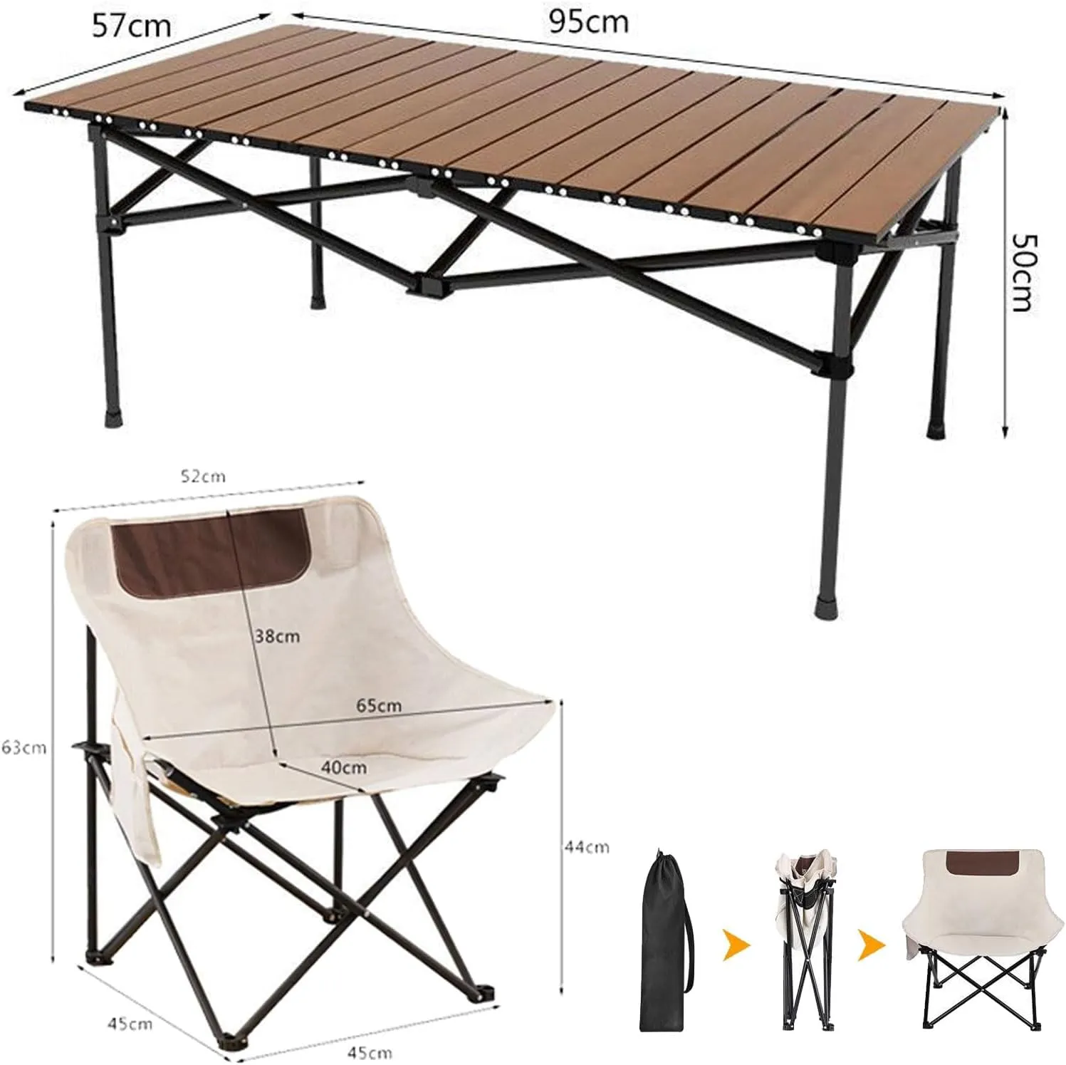 Folding Camping Table & Chairs Set, Portable Lightweight Picnic Table with Carrying Bag and Carbon Steel Roll-up Top Foldable Compact Table, Easy to Assemble