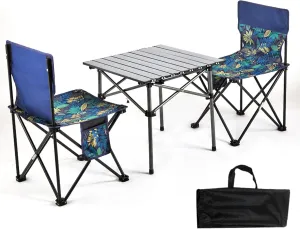 Folding Camping Table and Chair, Lightweight Picnic Aluminum Roll-up Portable Camp Chairs Foldable Lawn Chair with Carrying Bag, Blue