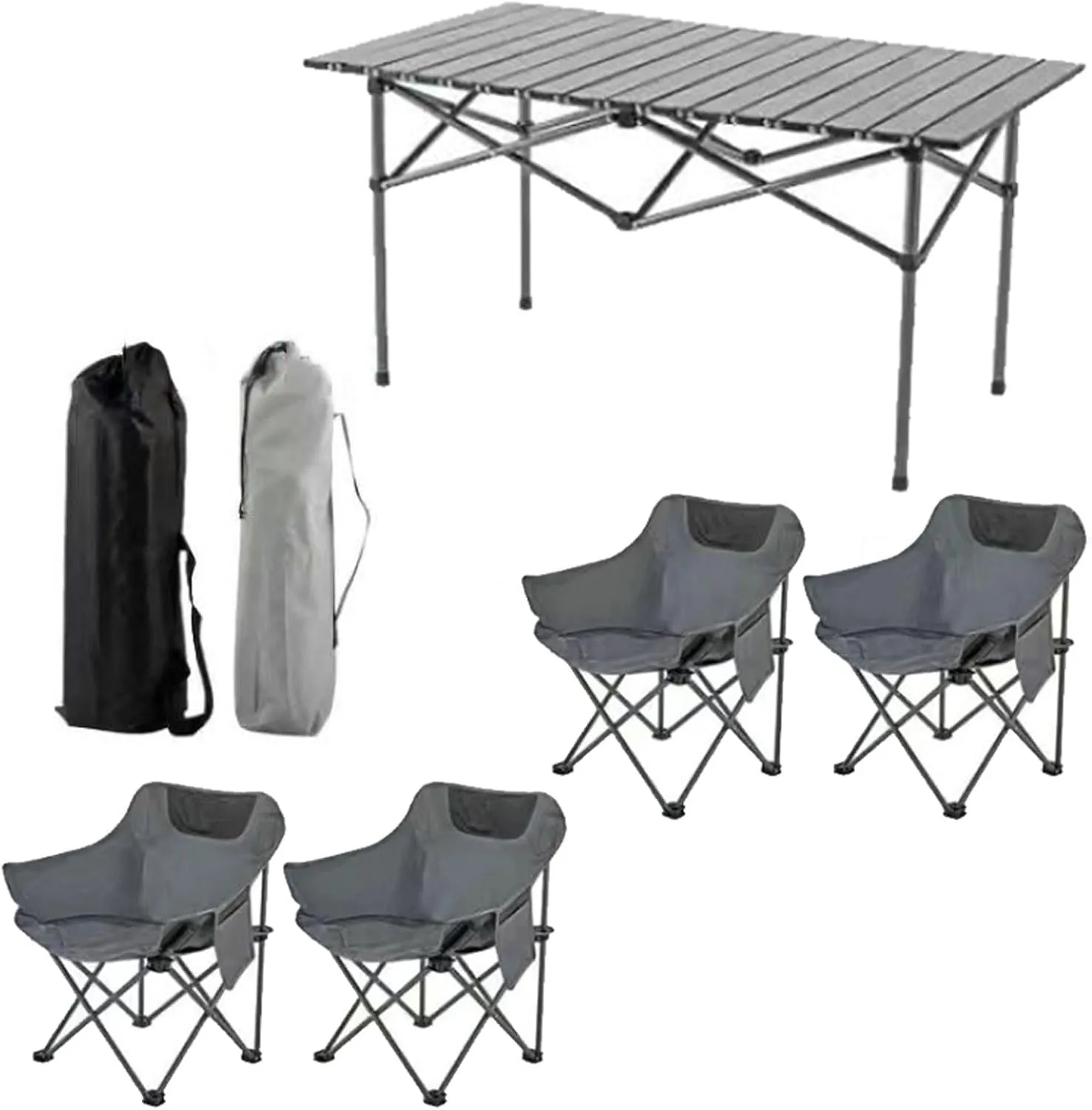 Folding Camping Table with Chairs Set, Portable Picnic Carrying Bag and Aluminum Roll-up Top Lightweight Compact Table, Easy to Assemble