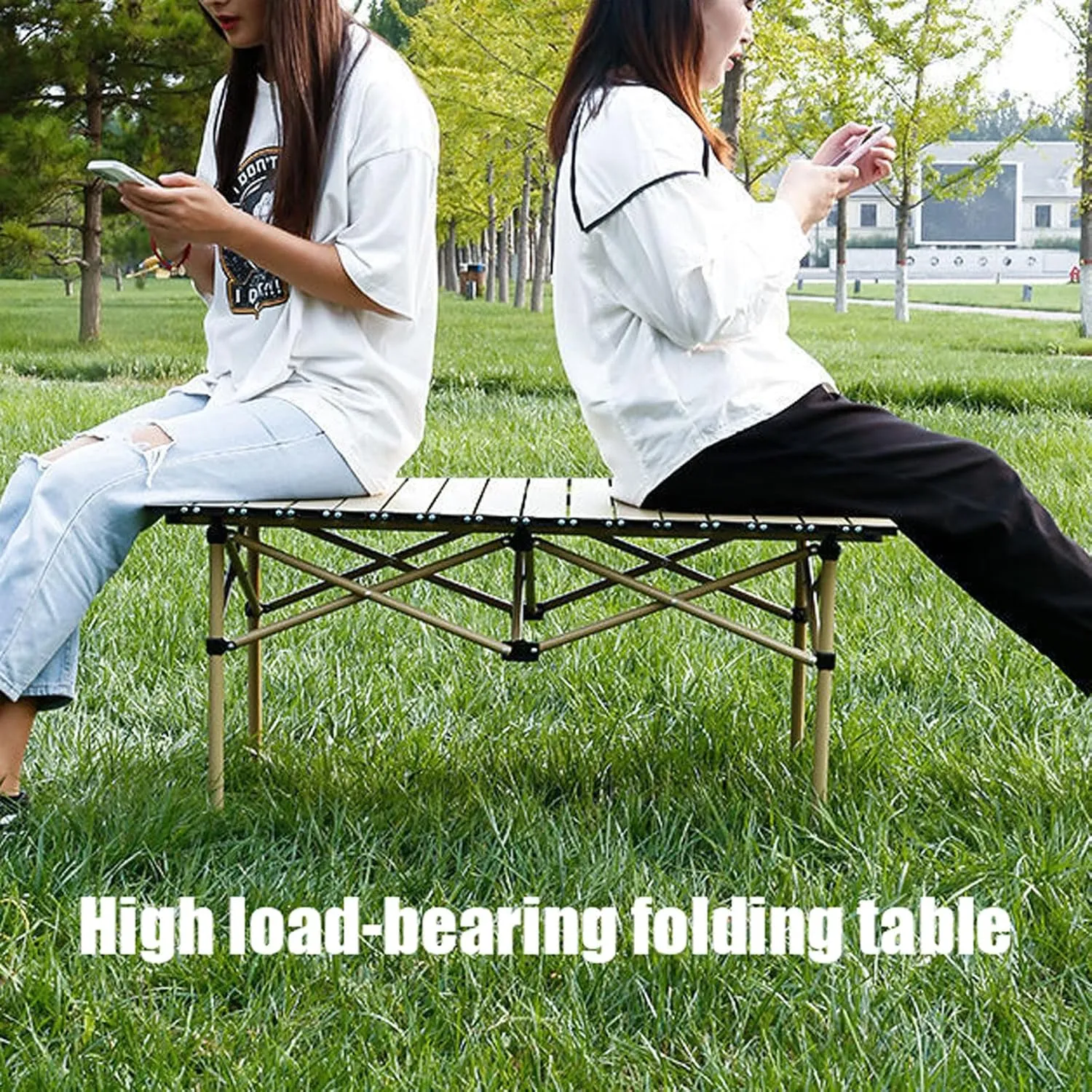 Folding Camping Table with Chairs Set, Portable Picnic Carrying Bag and Aluminum Roll-up Top Lightweight Compact Table, Easy to Assemble