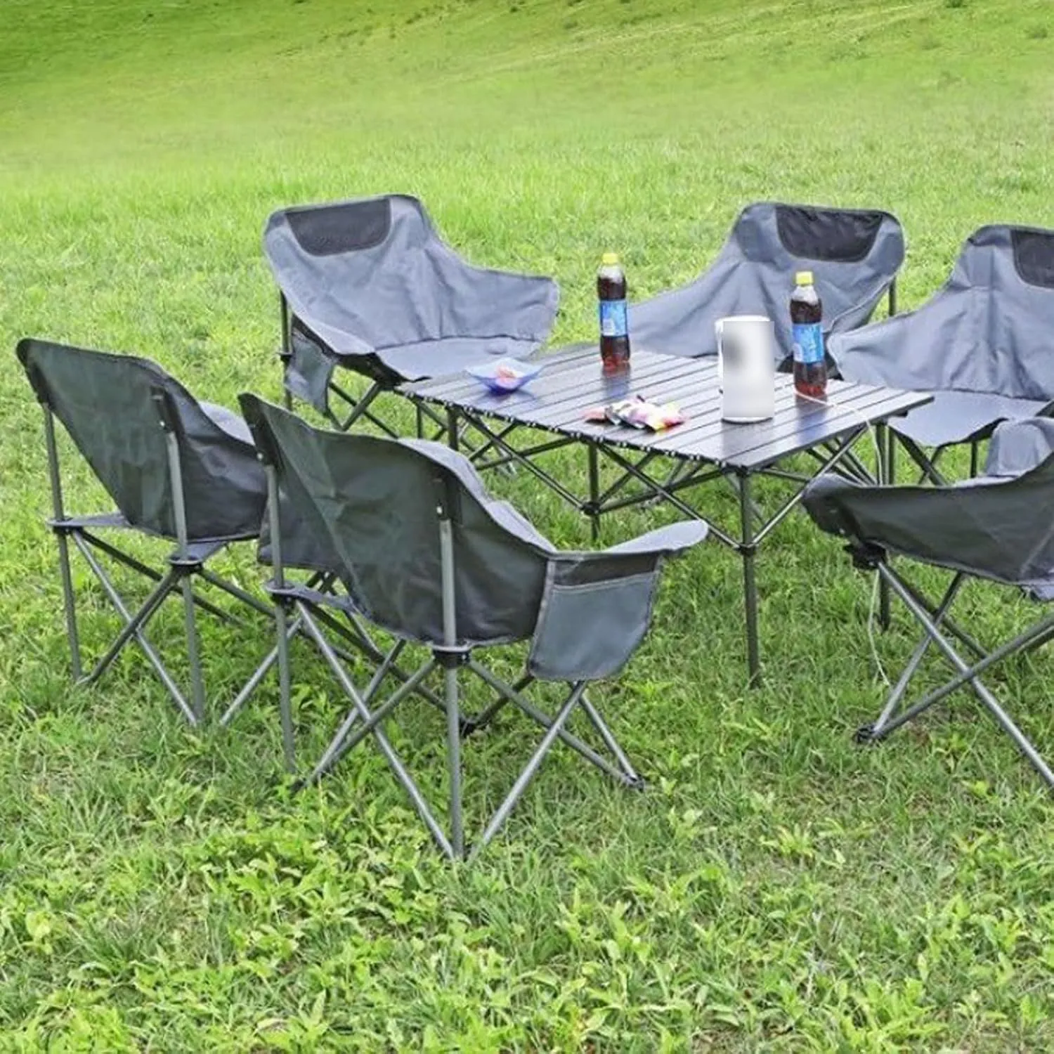 Folding Camping Table with Chairs Set, Portable Picnic Carrying Bag and Aluminum Roll-up Top Lightweight Compact Table, Easy to Assemble