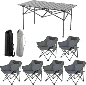 Folding Camping Table with Chairs Set, Portable Picnic Chairs with Carrying Bag and Aluminum Roll-up Top Lightweight Compact Table, Easy to Assemble