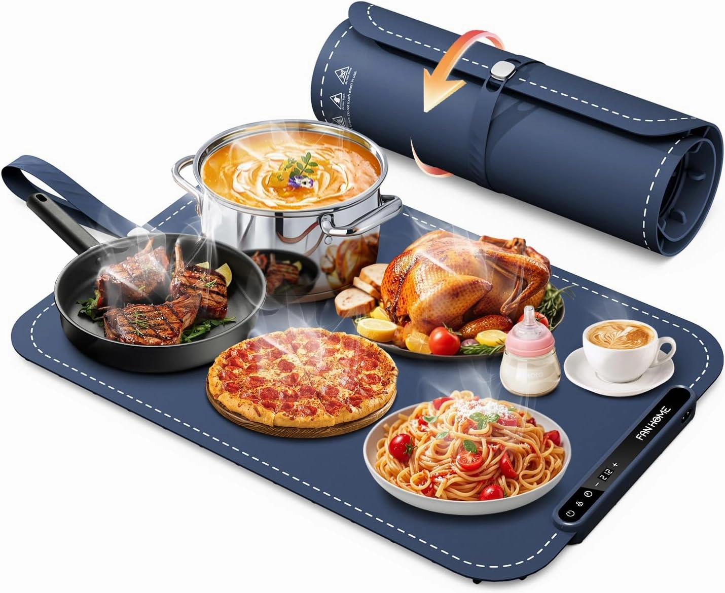 Food Warming Mat, Upgrade Electric Warming Tray - 7 Temperature Settings and 6 Hours Timer, Rapid Full Surface Heating, Rollable & Portable, Food Warmers for Parties, Buffet, Gatherings, Thawing
