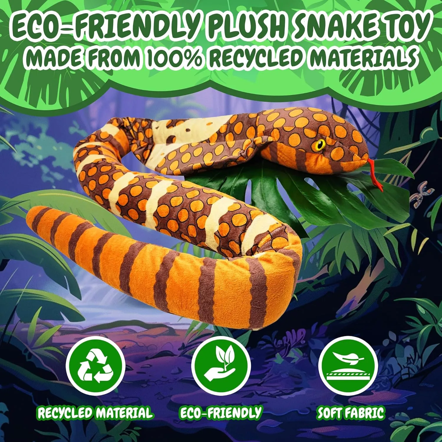 Forest & Twelfth Kids 67” Plush Snake Toy – Stuffed Animal Toys Made from 100% Recycled Material – Cute, Adorable, & Eco-Friendly Toy Snakes for 0  Year Old Kids, Over 5 Feet Long! (Cobra Snake)