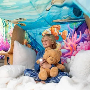 Fort Building Kit Blanket, X-Large 10' x 10' with Clips, Hooks and Sandbags, Play Blanket Fort Indoor Kit, Use as a Canopy, Play Stage Background - Under The SEA