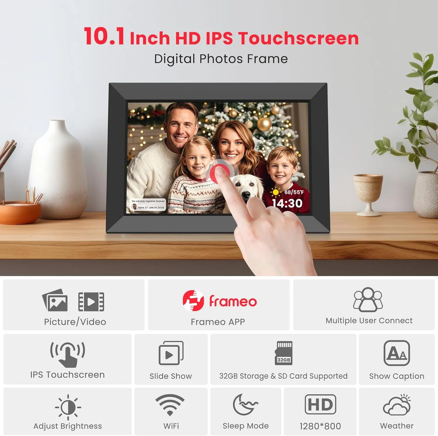 Frameo 10.1 Inch Digital Picture Frame, Smart WiFi Electronic Photo Frame with HD IPS Touch Screen Slideshow Display 32GB Memory Auto-Rotate Wall Mount, Share Photos/Videos from Phone by Frameo App
