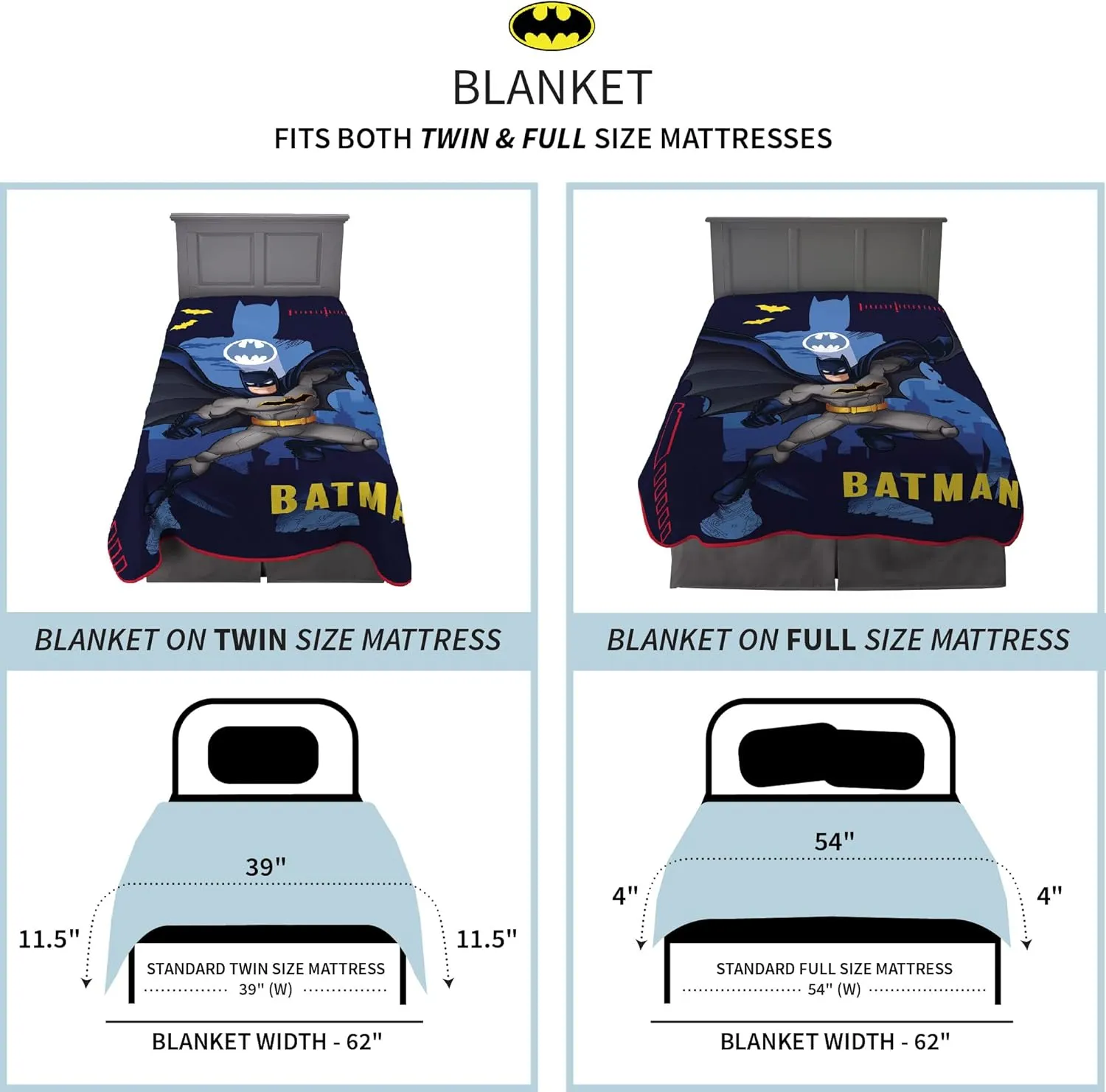Franco Kids Bedding Super Soft Plush Micro Raschel Blanket, 62 in x 90 in, Batman