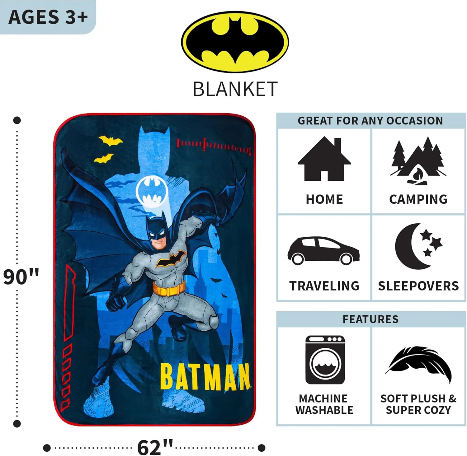 Franco Kids Bedding Super Soft Plush Micro Raschel Blanket, 62 in x 90 in, Batman