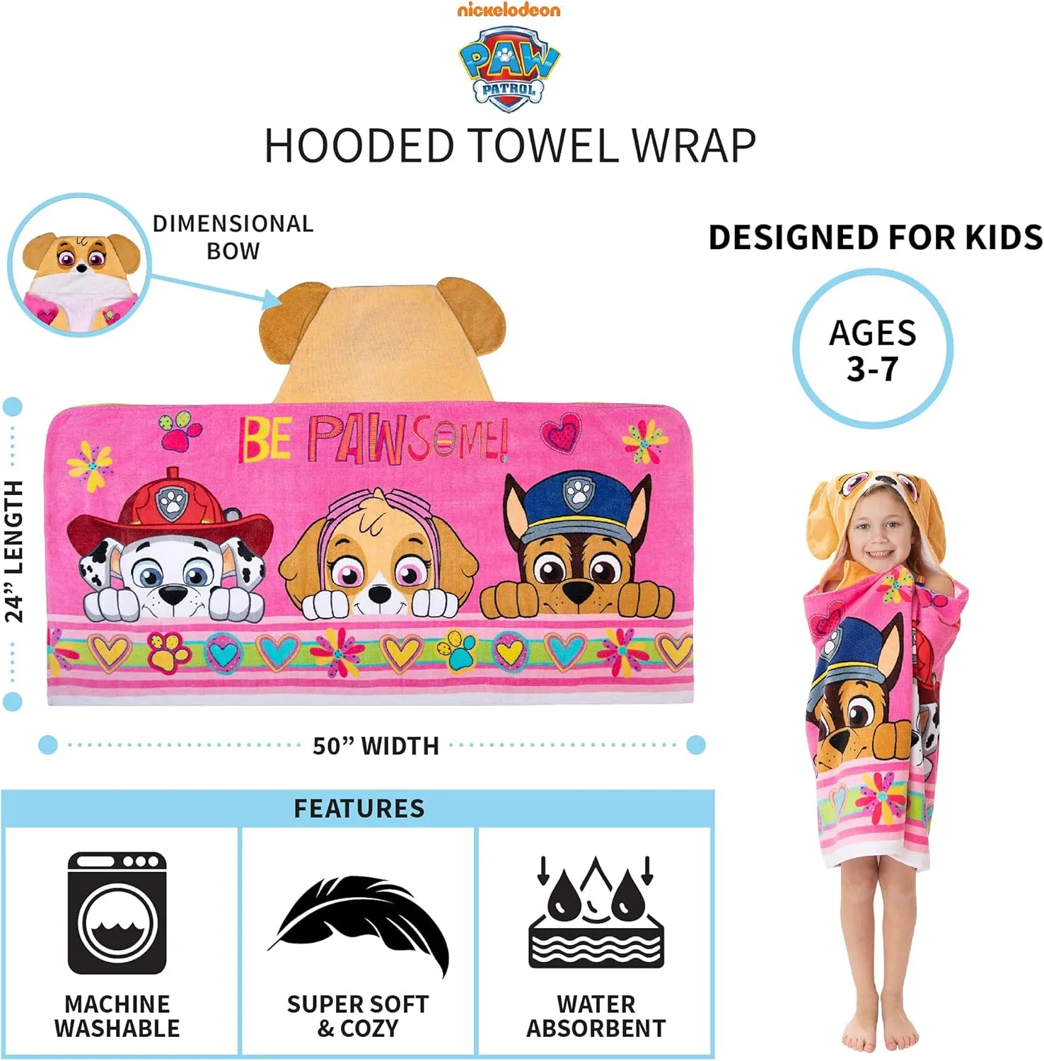 Franco Paw Patrol Pink Bath/Pool/Beach Soft Cotton Terry Hooded Towel Wrap, 24" x 50", Kids
