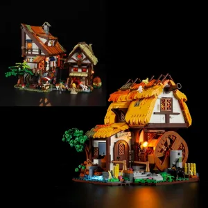 FUNWHOLE Medieval Water Mill Lighting Building Bricks Set & Medieval Market Lighting Building Bricks Set