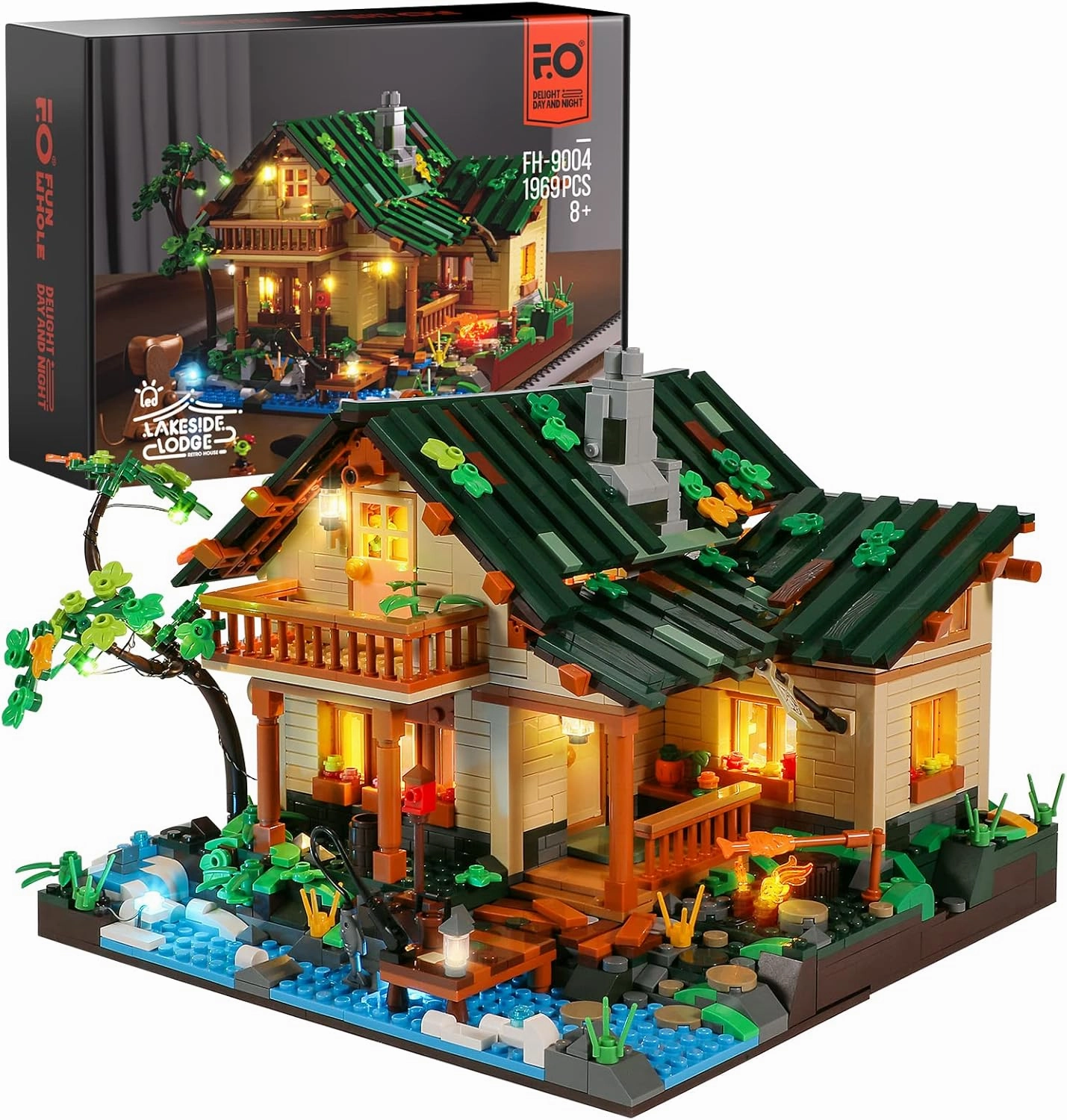 FUNWHOLE Lakeside-Lodge Building Set with LED Lights - Construction Building Model Set 1969 PCS for Teen and Adults with Lighting Kit