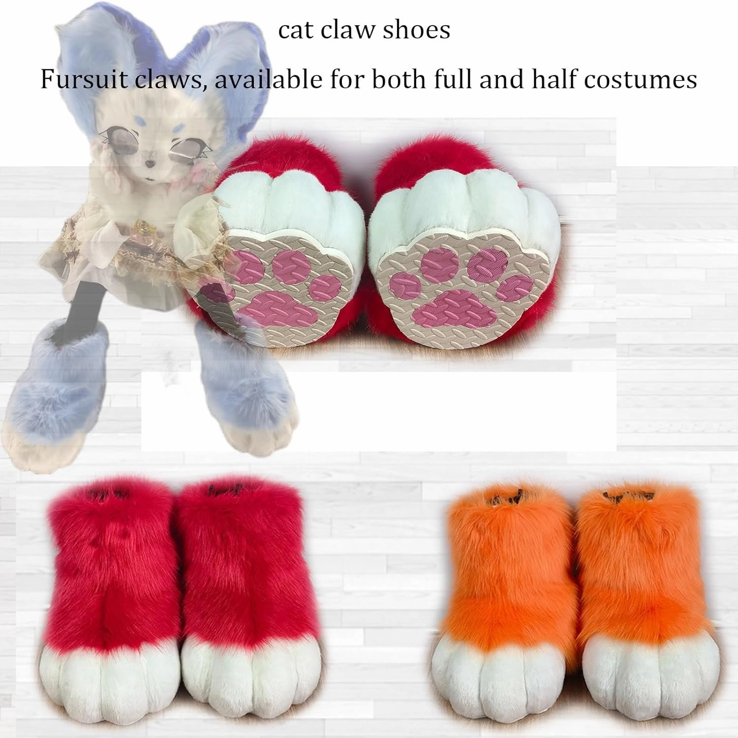 Fursuit Faux Animal Paw Slippers,KIG Furry Accessories Slippers Glove Set,Cosplay Animal Cat Wolf Dog Fox Fur Costume Shoes(13)