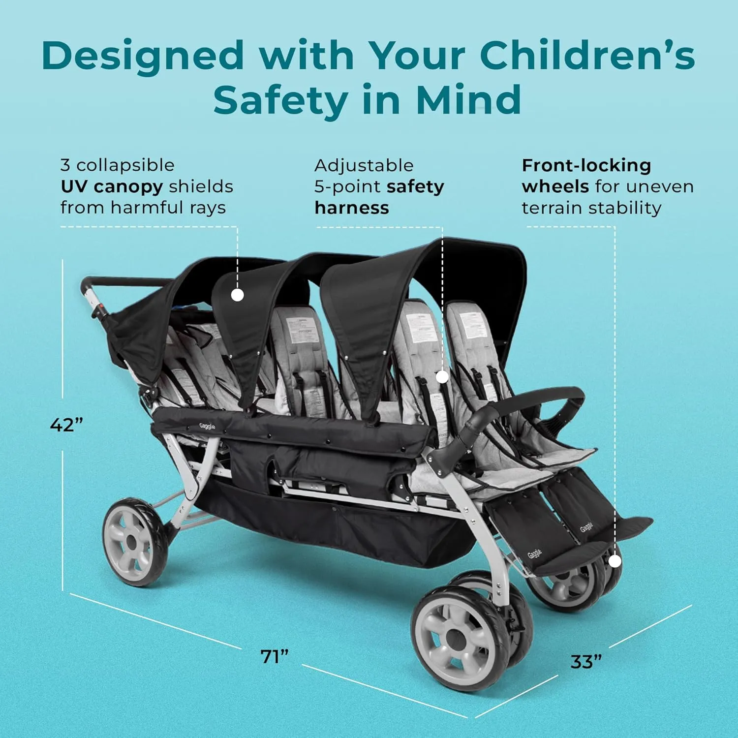 Gaggle by Foundations Jamboree 6 Seat Multi-Child Stroller with UV Blocking Canopies | Reclining Seats | 5-Point Safety Harness | Compact Fold for Daycares, Parks & Travel | Black