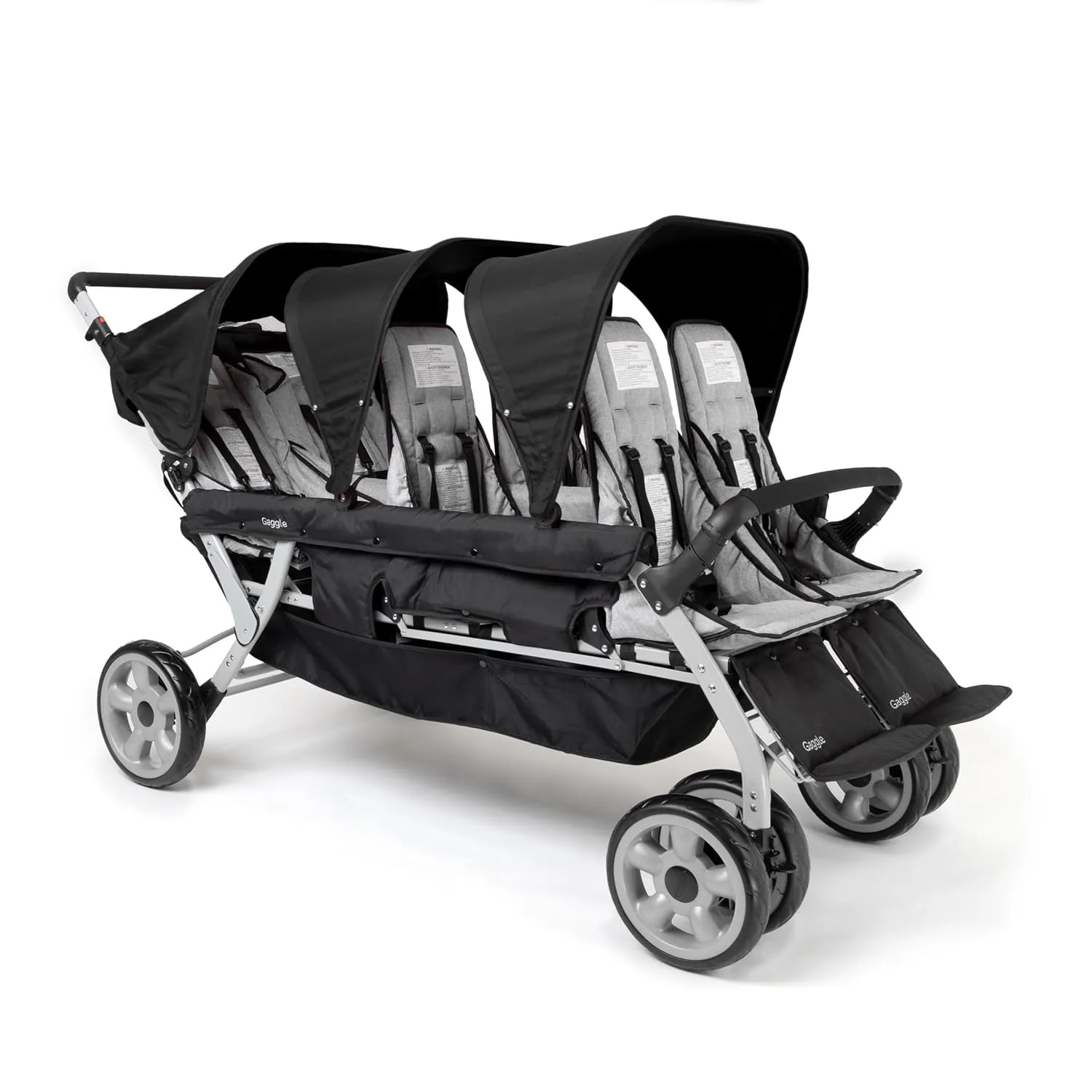 Gaggle by Foundations Jamboree 6 Seat Multi-Child Stroller with UV Blocking Canopies | Reclining Seats | 5-Point Safety Harness | Compact Fold for Daycares, Parks & Travel | Black