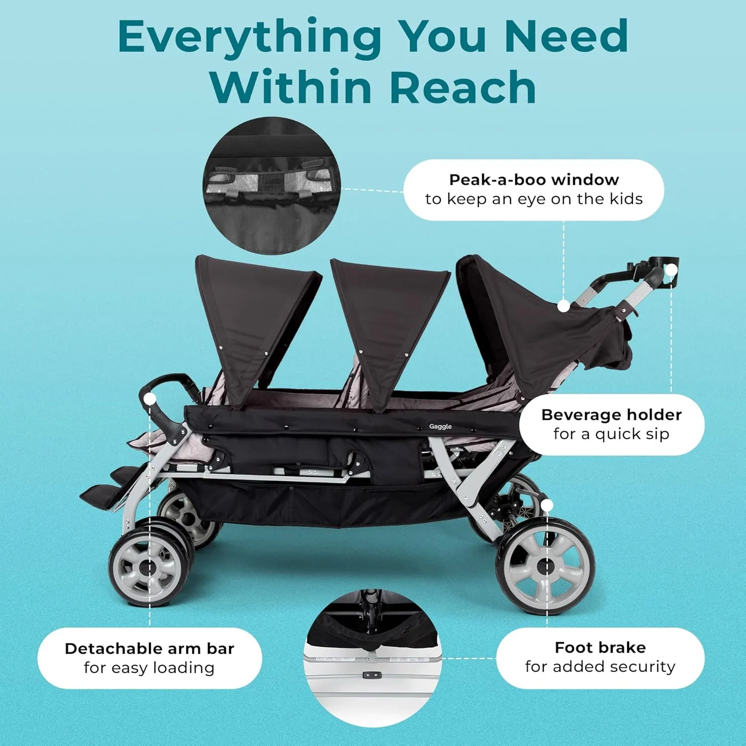Gaggle by Foundations Jamboree 6 Seat Multi-Child Stroller with UV Blocking Canopies | Reclining Seats | 5-Point Safety Harness | Compact Fold for Daycares, Parks & Travel | Black