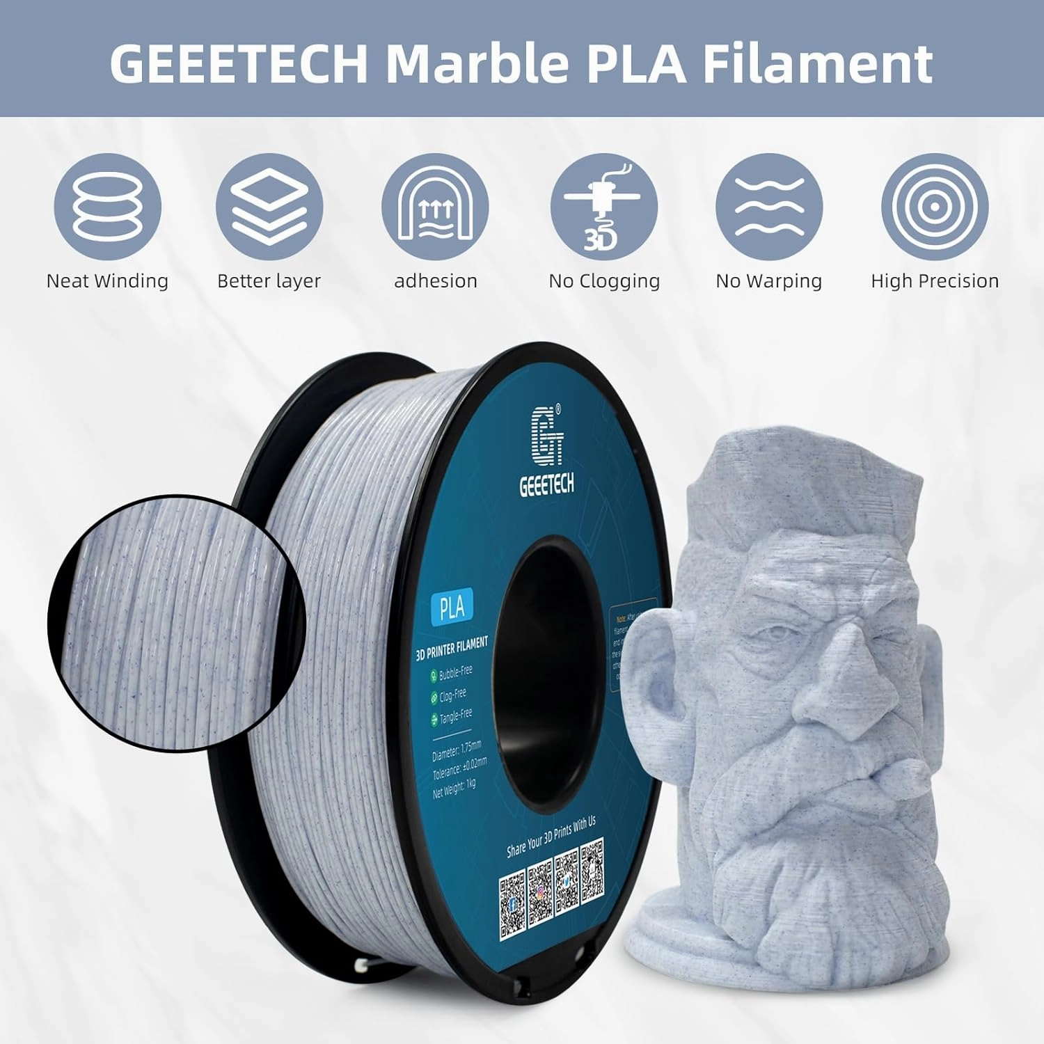 Geeetech Marble PLA Filament, Stone-Like Appearance, 1.75mm 3D Printing Filament 1kg(2.2lbs), Dimensional Accuracy  /- 0.03 mm, Marble White-Blue Stone Color, Fit Most FDM Printer