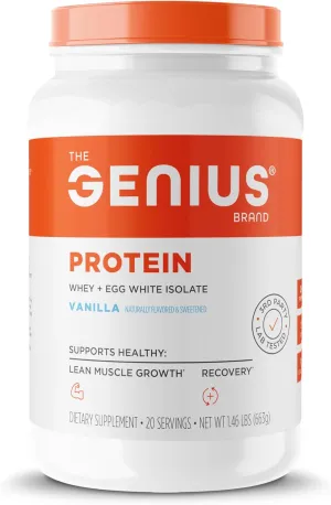 Genius Protein Powder, Vanilla - Dual Protein Blend with Improved Whey Isolate & Natural Egg White for Lean Muscle Building for Men & Women - Grass-Fed Pre & Post Workout Meal Replacement Shake