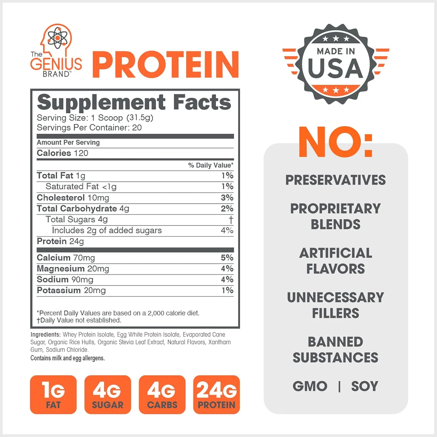 Genius Protein Powder, Vanilla - Dual Protein Blend with Improved Whey Isolate & Natural Egg White for Lean Muscle Building for Men & Women - Grass-Fed Pre & Post Workout Meal Replacement Shake