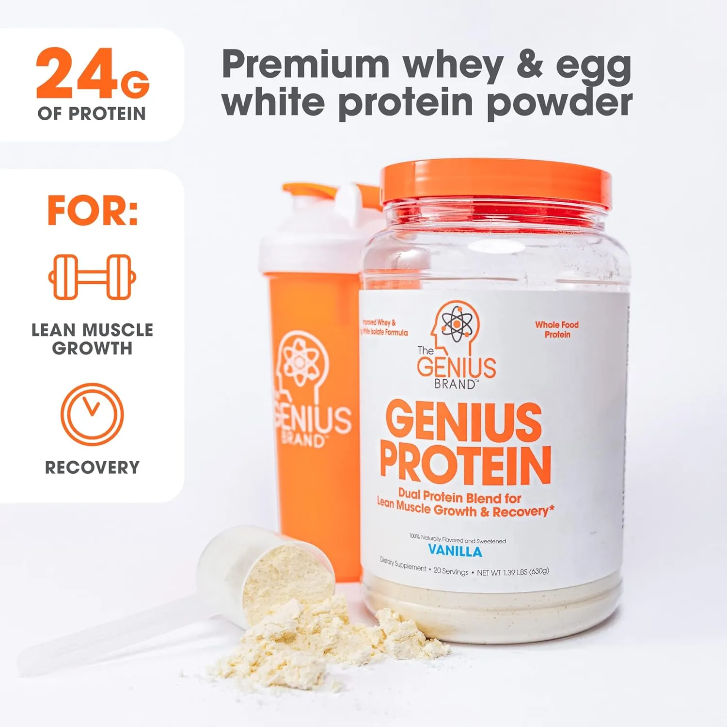 Genius Protein Powder, Vanilla - Dual Protein Blend with Improved Whey Isolate & Natural Egg White for Lean Muscle Building for Men & Women - Grass-Fed Pre & Post Workout Meal Replacement Shake