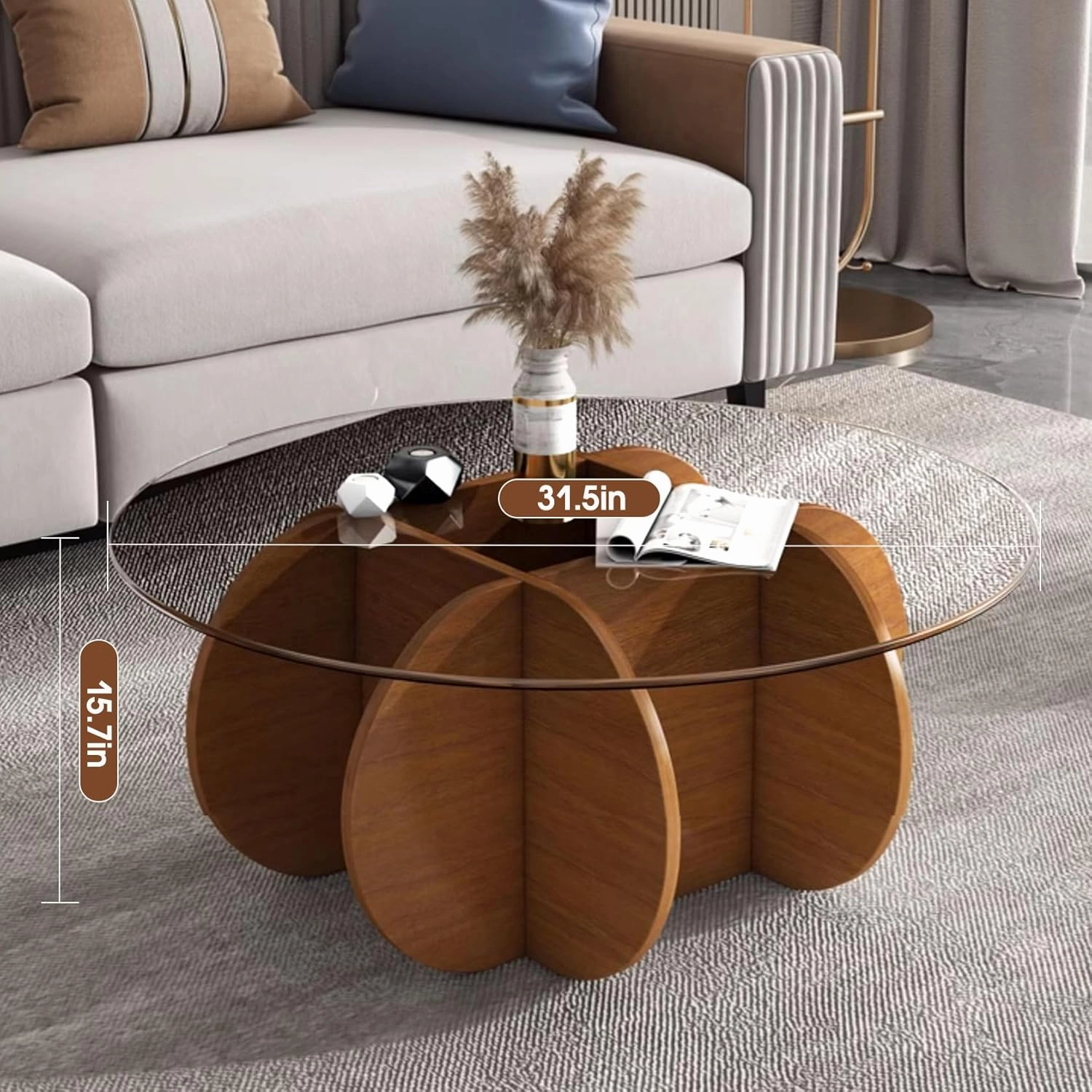 Glass Coffee Tables for Living Room Modern Elegant Round Coffee Table Mid Century Farmhouse Center Table with Solid Wood Frame and Tempered Glass Tabletop, Easy Assembly,31.5''