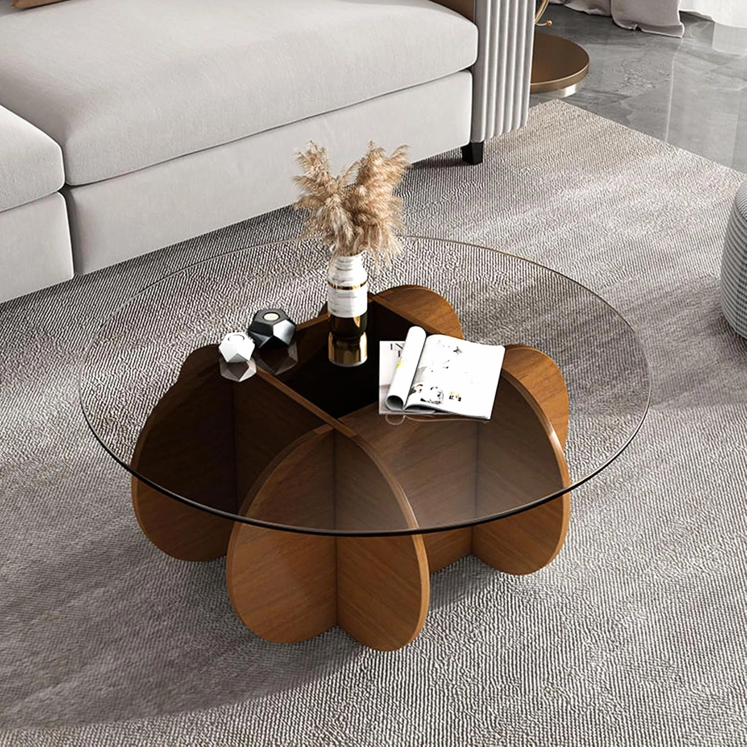 Glass Coffee Tables for Living Room Modern Elegant Round Coffee Table Mid Century Farmhouse Center Table with Solid Wood Frame and Tempered Glass Tabletop, Easy Assembly,31.5''