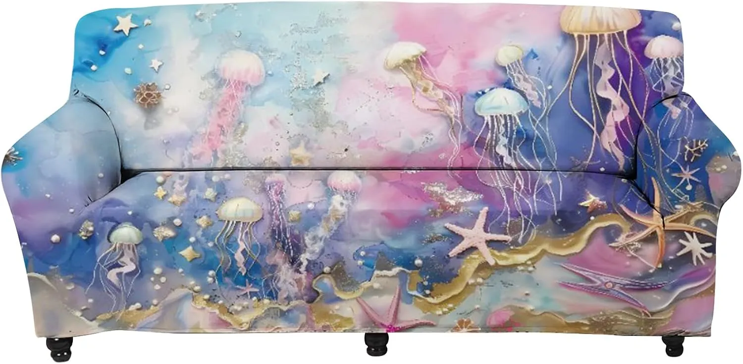 GLENLCWE Colorful Starfish Octopus Print Couch Cover Sofa Slipcover,1 Pieces Hawaiian Sofa Cover for 4 Cushion Cover,Polyester Stretch Sofa Couch Protector for Pets Kids