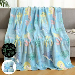 Glow in The Dark Blanket Mermaid Whale Gifts for Girls Boys, Soft Marine Life Blanket 3 4 5 6 7 8 9 10 Year Old Girl Gifts, Toddler Girls Toys Age 6-8, Gifts for Girls Birthday, 50"" x60, Blue