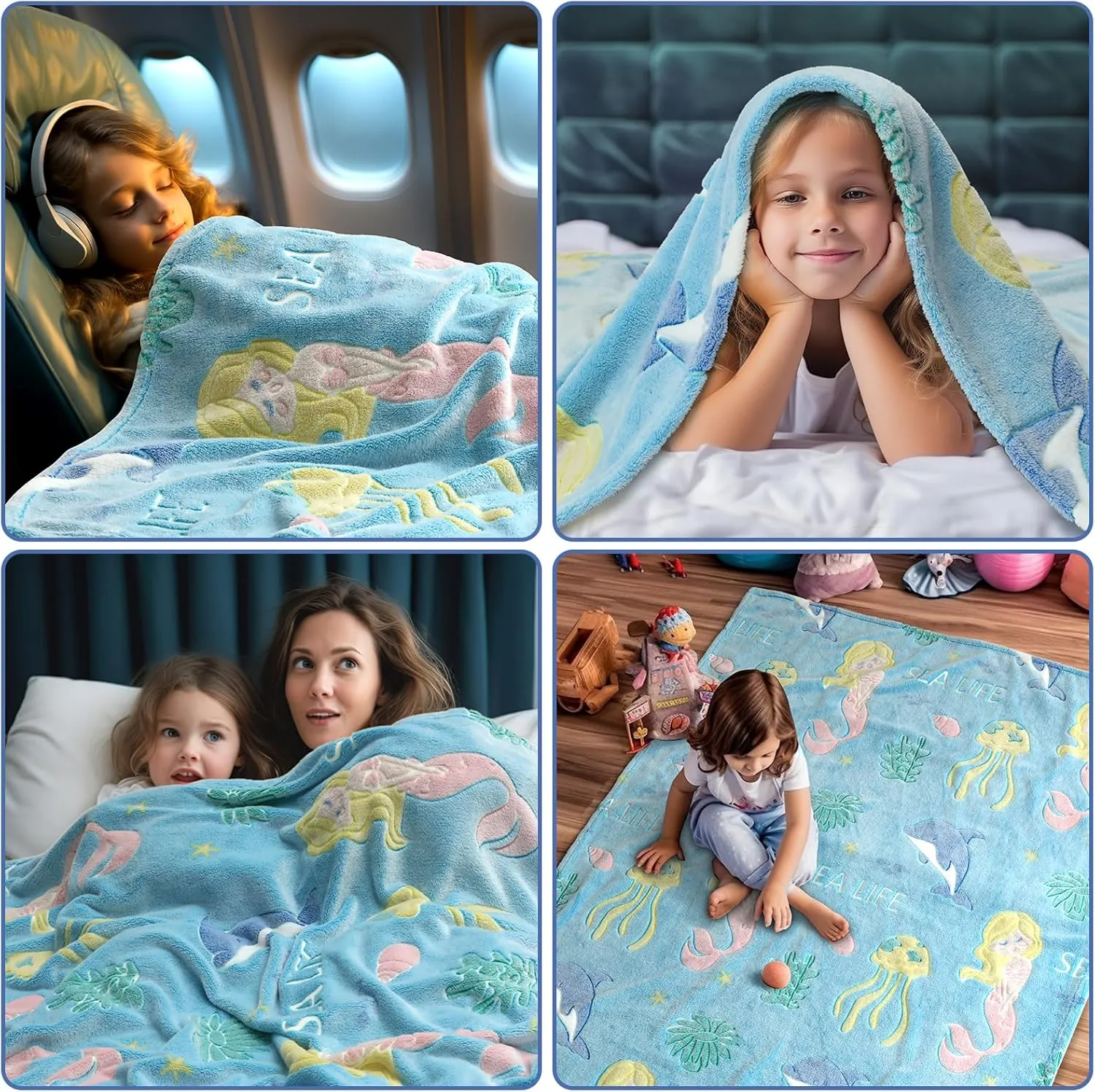 Glow in The Dark Blanket Mermaid Whale Gifts for Girls Boys, Soft Marine Life Blanket 3 4 5 6 7 8 9 10 Year Old Girl Gifts, Toddler Girls Toys Age 6-8, Gifts for Girls Birthday, 50"" x60, Blue