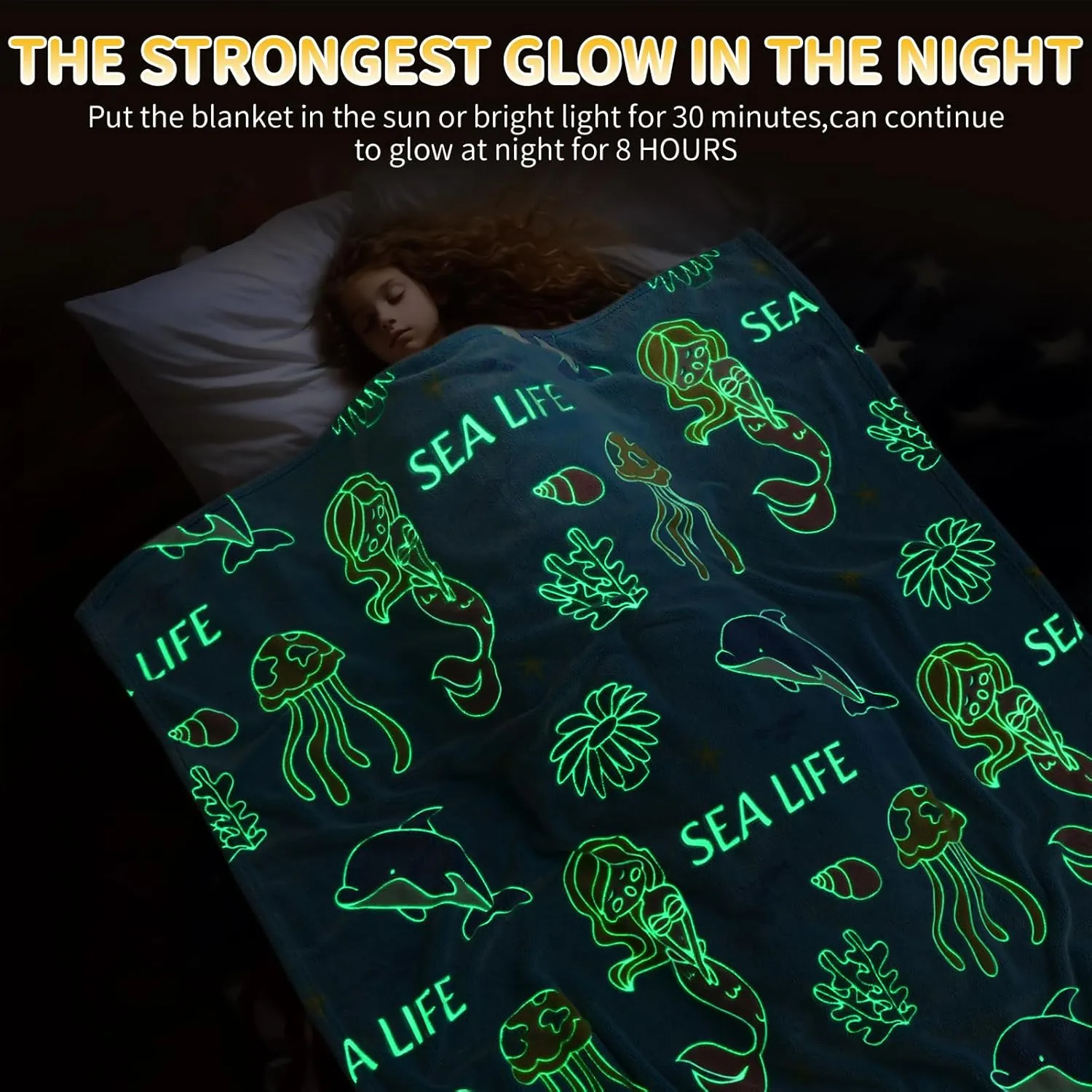 Glow in The Dark Blanket Mermaid Whale Gifts for Girls Boys, Soft Marine Life Blanket 3 4 5 6 7 8 9 10 Year Old Girl Gifts, Toddler Girls Toys Age 6-8, Gifts for Girls Birthday, 50"" x60, Blue