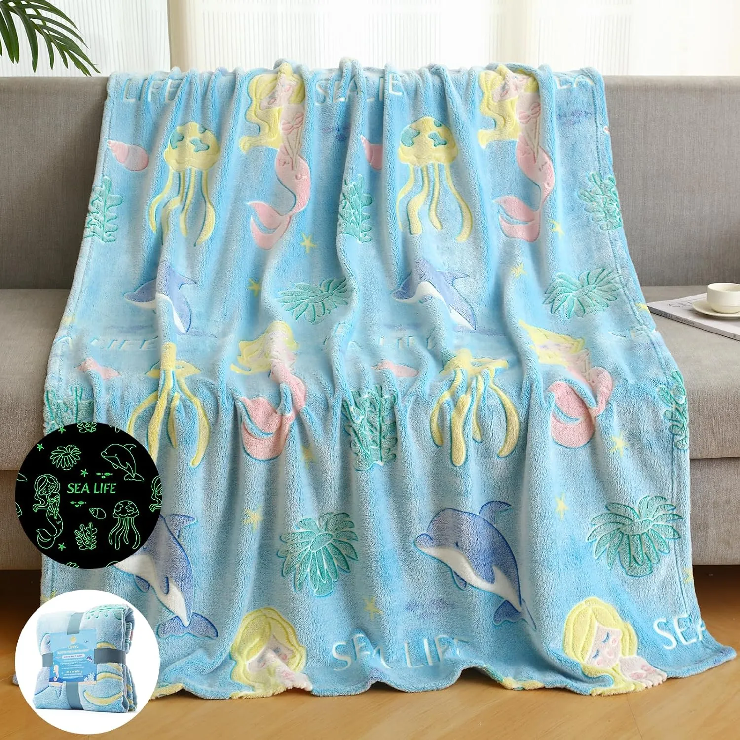 Glow in The Dark Blanket Mermaid Whale Gifts for Girls Boys, Soft Marine Life Blanket 3 4 5 6 7 8 9 10 Year Old Girl Gifts, Toddler Girls Toys Age 6-8, Gifts for Girls Birthday, 50"" x60, Blue