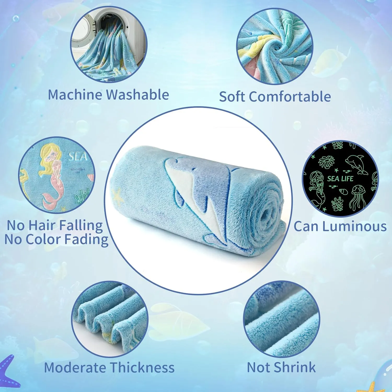 Glow in The Dark Blanket Mermaid Whale Gifts for Girls Boys, Soft Marine Life Blanket 3 4 5 6 7 8 9 10 Year Old Girl Gifts, Toddler Girls Toys Age 6-8, Gifts for Girls Birthday, 50"" x60, Blue