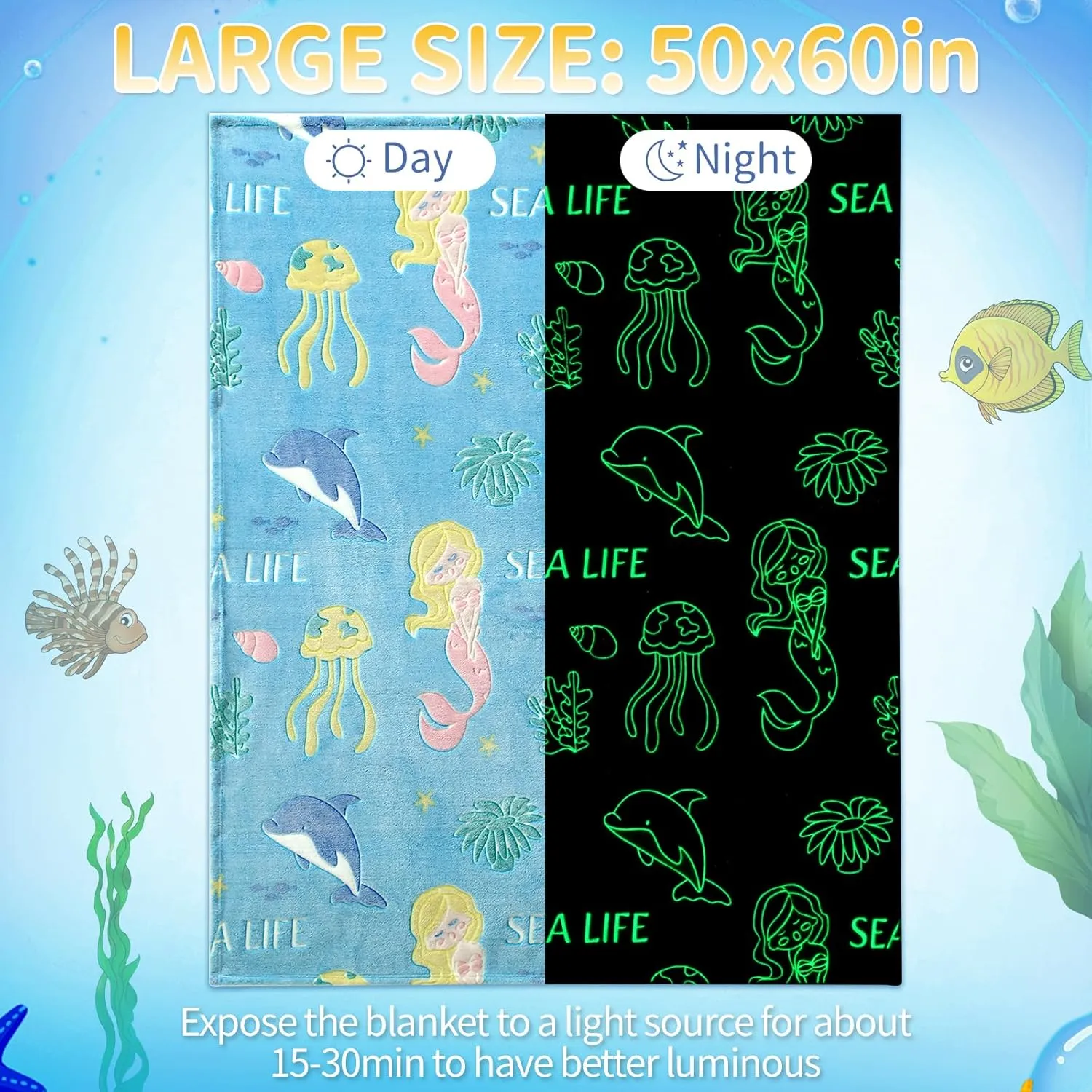 Glow in The Dark Blanket Mermaid Whale Gifts for Girls Boys, Soft Marine Life Blanket 3 4 5 6 7 8 9 10 Year Old Girl Gifts, Toddler Girls Toys Age 6-8, Gifts for Girls Birthday, 50"" x60, Blue