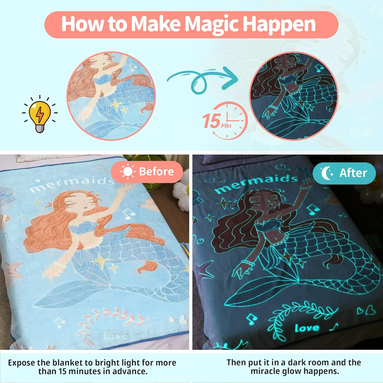 Glow in The Dark Mermaid Blanket Throw Gifts for Girls Kid Blankets Super Soft 3 4 5 6 7 8 9 Year Old Girl Gift Ideas Girls Toys Age 6-8 Mermaid Toys Birthday Gifts 50"x 60"