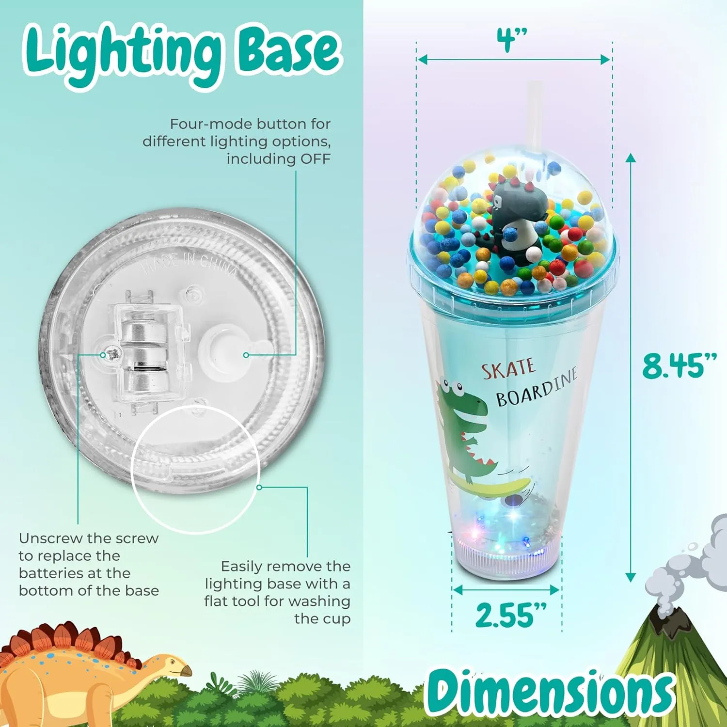 Glow Party Cups for Kids Light Up Tumbler Magic Cup with LED Glow in the Dark Water Drinking Bottle 16oz with Lids and Straws Cute Design (Green Dinosaur)