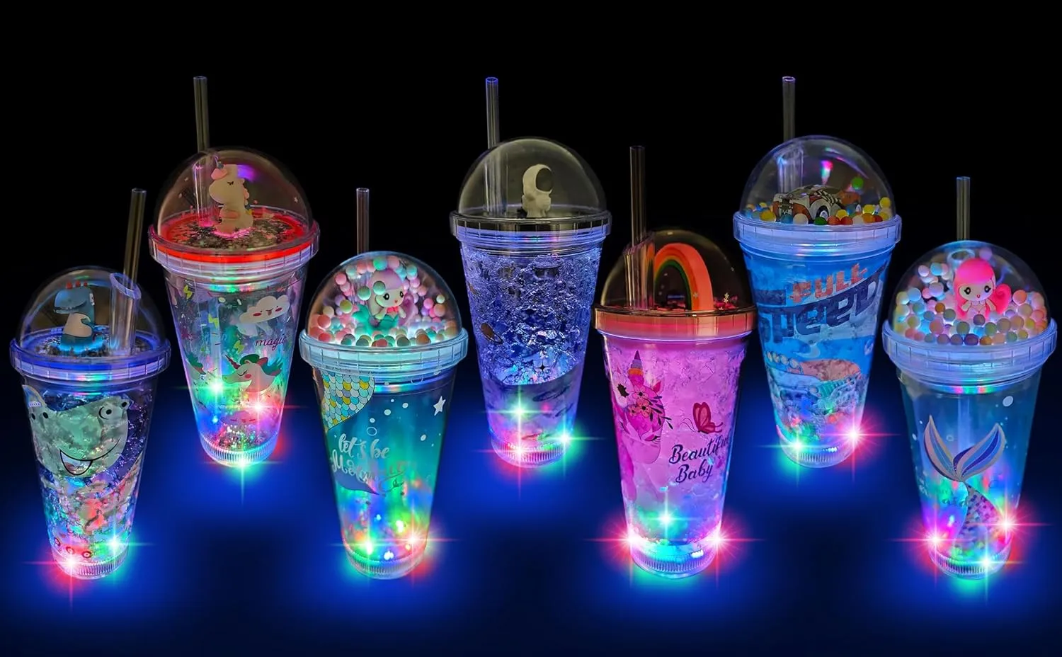 Glow Party Cups for Kids Light Up Tumbler Magic Cup with LED Glow in the Dark Water Drinking Bottle 16oz with Lids and Straws Cute Design (Green Dinosaur)